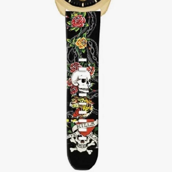 ED HARDY GOTH GOLD SKULL MULTICOLOR PRINT SILICONE STRAP MEN'S WATCH**NEW! - Picture 7 of 9